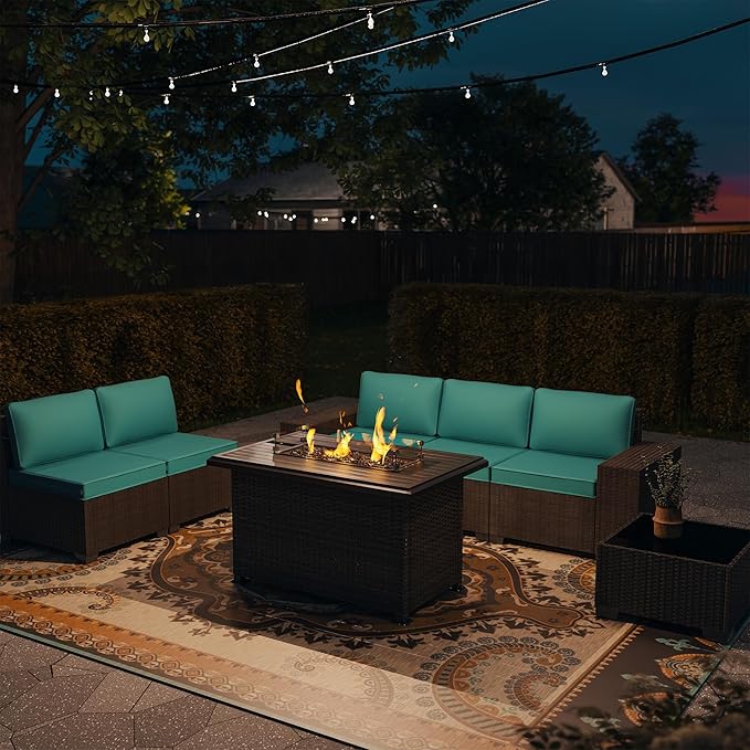7 PCS Outdoor Patio Furniture Set,Outdoor Sectional Furniture with 43" 55000 BTU Gas Propane Fire Pit Table,All Weather PE Rattan Wicker Patio Conversation Set,Turquoise Blue