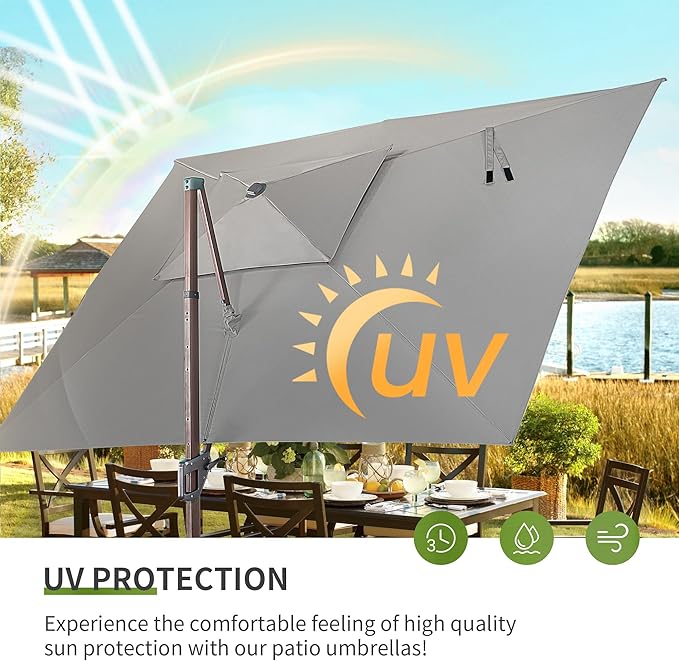 JZAC & QZYD 9x12 FT Outdoor Cantilever Patio Umbrella with LED Lights, Large Heavy Duty 2-Tier Aluminum Offset Umbrellas with 360-Degree Rotation for Pool Deck, Grey