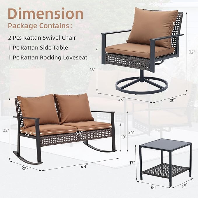 Ainfox Patio Furniture Set 4 Pieces, Patio Wicker Rattan Swivel Rocker, Outdoor Swivel Rocking Chairs Set with Loveseat, Garden Conversation Bistro Sets for Porch, Pool, Backyard Brown