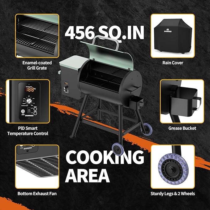 DAMNISS Electric Wood Pellet Grill 8 In 1 BBQ Grills for Outdoor Grill with Auto Feed & PID Temperature Control (180-450°F)456 Sq.In Cook Area Smoker Gills for Backyard New House Gifts
