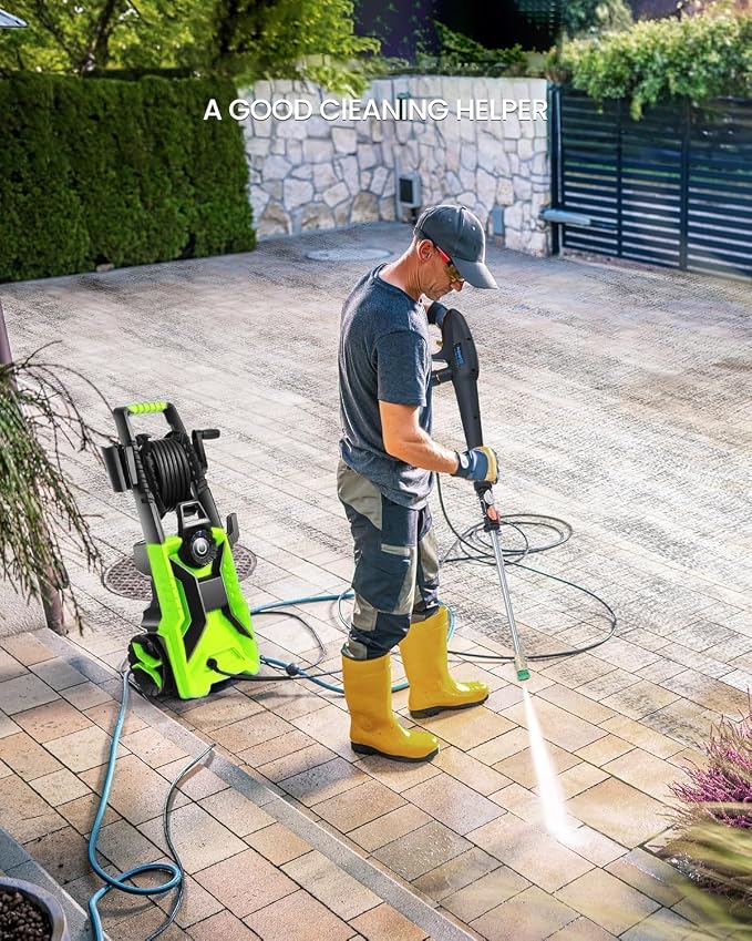 5000PSI Electric Pressure Washer, 2500-5000 PSI Adjustable Power Washer with 33ft Hose Reel, 4 Nozzles & Detergent Tank for Cars/Home/Driveways, Green