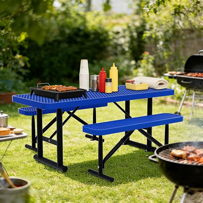 4FT Picnic Tables for Outdoors, Blue Rectangular Heavy Duty Commercial Picnic Table with Umbrella Hole, Weather-Resistant Camping Table Dining Table for Backyard, Patio, Garden, Shops, Parks