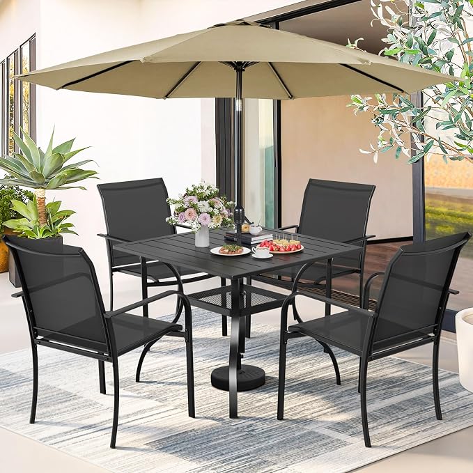 5-Piece Patio Dining Set with Umbrella,4 Person Outdoor Table and Chairs Set, 4 Metal Dining Chairs and Square Outdoor Table with 1.57" Umbrella Hole,Black