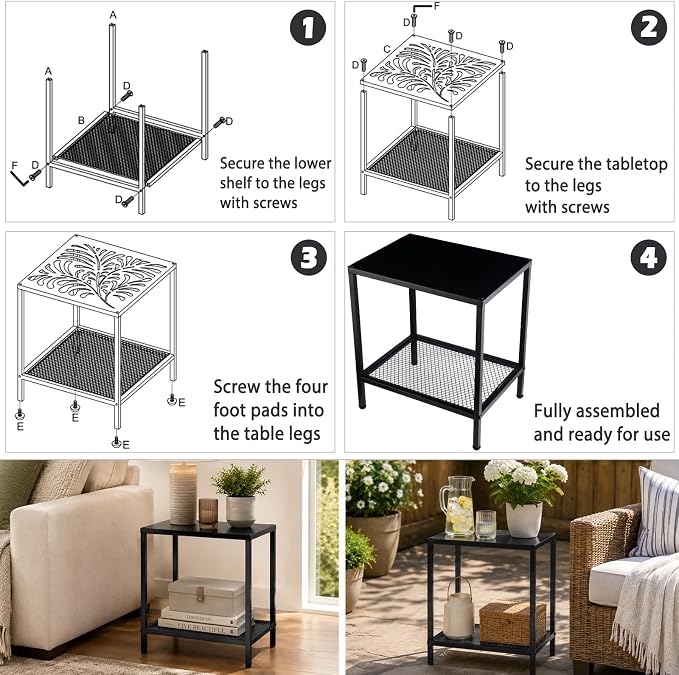 2-Tier Metal Side Table Small Rectangle End Table with Storage Shelf Indoor Outdoor Accent Table Small Space Nightstand Plant Stand for Living Room Bedroom Patio Balcony, Black