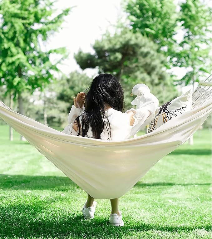 White Hammock Swing Bed,Single Person Cotton Fabric Canvas Travel Hammocks 500lbs Ultralight Camping Hammock Portable Beach Swing Bed with Carrying Bag for Outdoors and Indoors