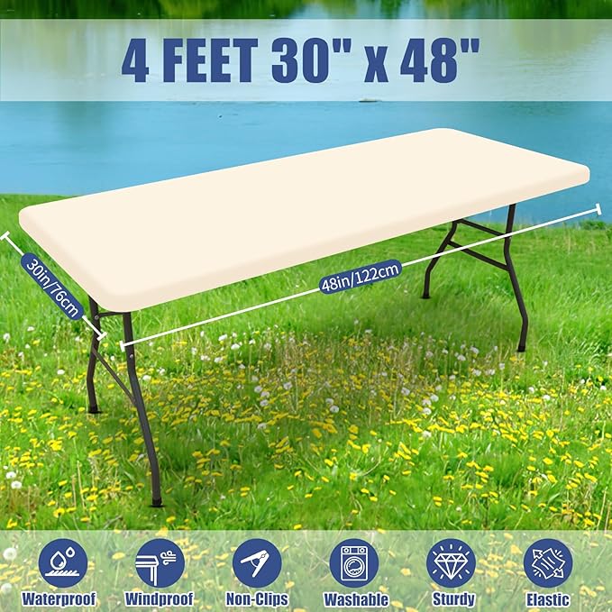 Moosfor Spandex 4 Foot Rectangle Table Cloth 2 Pack, Elastic Fitted Tablecloths for Picnic, Stretch Washable Patio Table Cover for Outdoor, Camping, Banquet and Parties (Champagne, 30"x48")