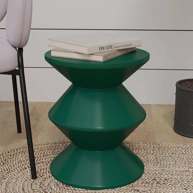 LeisureMod Aura Collection Modern Round Side Table - Green ABS Plastic Double-Hourglass Pedestal - No Assembly Weatherproof Accent Furniture for Living Room, Patio & Outdoor Decor