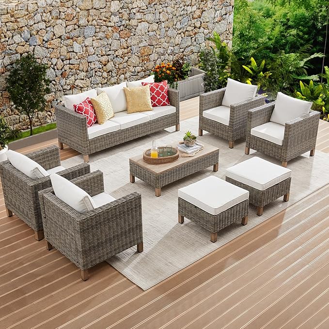 8 Pieces Patio Furniture Sets with Metal Top Coffee Table, All Weather Wicker Rattan Sectional Sofa Outdoor Furniture Conversation Set for Porch, Poolside, Garden, Backyard. (Beige)