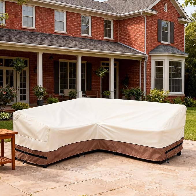 okcool Outdoor Sectional Sofa Cover Waterproof V Shaped Patio Furniture Covers for 5-Seater Outdoor Sectional Furniture Couch 85"(85''L) x 33.5''D x 31''H, Beige & Brown