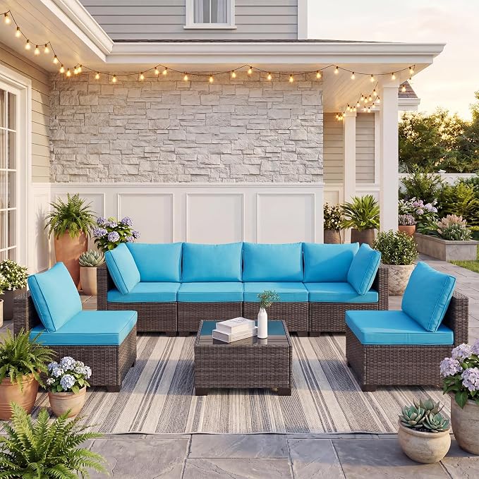 ANJ 7 Piece Outdoor Wicker Patio Furniture Set, Modular Loveseat Sofa with with Glass Top Coffee Table, All-Weather Rattan Conversation Couch Set for Balcony, Backyard, Dark Brown Wicker-Turquoise