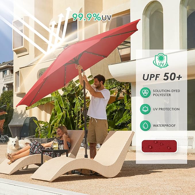 JEAREY Upgrade 10FT LED Lighted Patio Umbrella, Solar Outdoor Umbrella, Tilt Table Umbrella for Pool(Red)