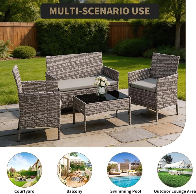 Outdoor Patio Furniture Set, 4-Piece PE Rattan Wicker Chair Set with Cushions and Tempered Glass Table for Backyard, Porch, Garden, Poolside, Balcony, Brown/Beige