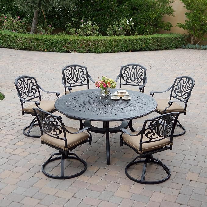 Darlee Elisabeth 7 Pc Cast Aluminum Dining Set w/ 60 Inch Round Table & Swivel Rockers in Antique Bronze/Sesame
