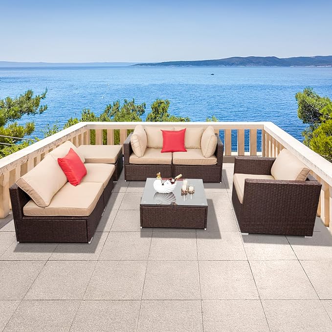 7 Pieces Outdoor Patio Furniture Sets, Outdoor Sectional Rattan Sofa, Wicker Patio Conversation Set, Patio Couch with Coffee Table for Backyard Garden,Patio Couch Outdoor Chairs Coffee Table