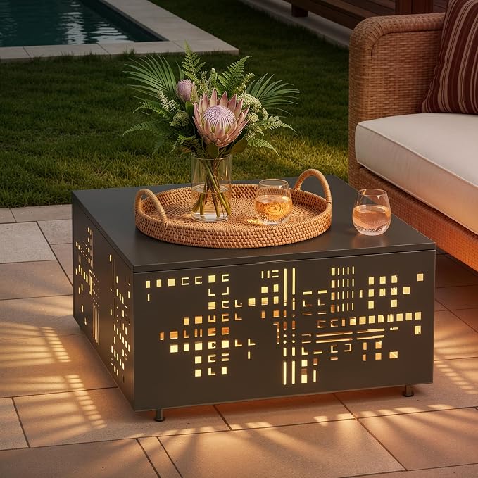 CAODOC 27" Square Outdoor Coffee Table with Umbrella Hole & Solar Light, Rust-Proof Metal Patio Table, Small Minimalist Low Accent Table for Living Room, Balcony, Deck, Backyard, Black