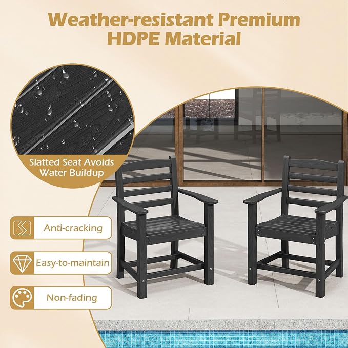 Tangkula 7 Pcs Outdoor Dining Table Set for 6, 67” HDPE Weather-Resistant Patio Rectangle Table & 6 Armchairs w/Curved Seat, Umbrella Hole, Wood Grain, Plastic Dining Furniture (Black, 7 Pcs)