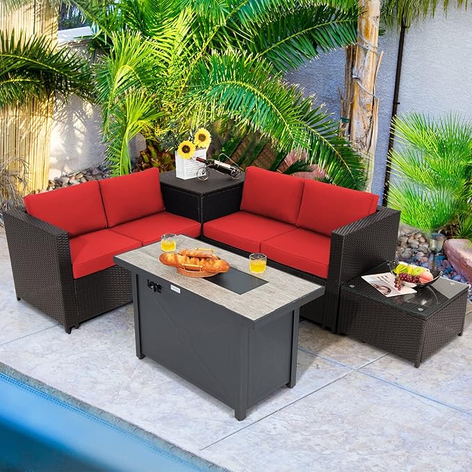 Tangkula 5-Piece Patio Furniture Set with 42 Inches Propane Fire Pit Table, Outdoor Wicker Conversation Set with Cushions, Storage Box and Coffee Table, 60,000 BTU Propane Fire Pit Table (Red)