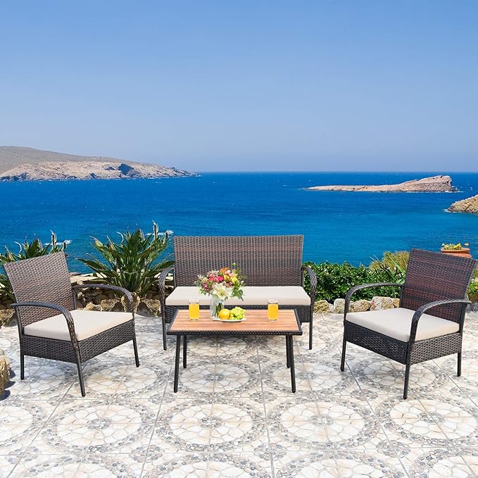 Wicker Conversation 4 Pieces Outdoor Patio Set with Washable Sofa Cushions, Rattan Wi, Brown (As PictureShows)
