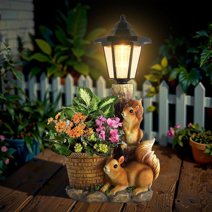 Solar Squirrels Outdoor Statues, Garden Sculpture with Flowerpot & Lantern | Cute Squirrel Figurine for Yard Art Lawn Ornaments Porch Patio Balcony - Birthday Gifts for Women Mom