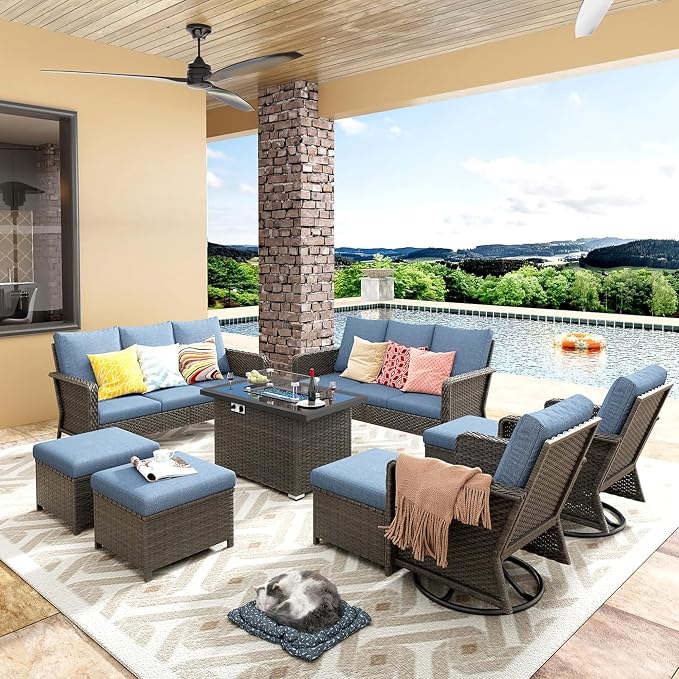 Yechen Patio Furniture Set 9 Peices with 44" Propane Gas Fire Pit Table -2 Wicker Swivel Rocking Chair, 12 seat Outdoor Sectional Set with-4.3'' Cushion Conversation Sofa Set for Porch,Backyard