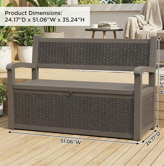 80 Gallon Outdoor Storage Bench, Waterproof Patio Deck Box with Lockable Lid for Garden & Porch, All-Weather Resin Furniture for Cushions, Tools, Pool Accessories
