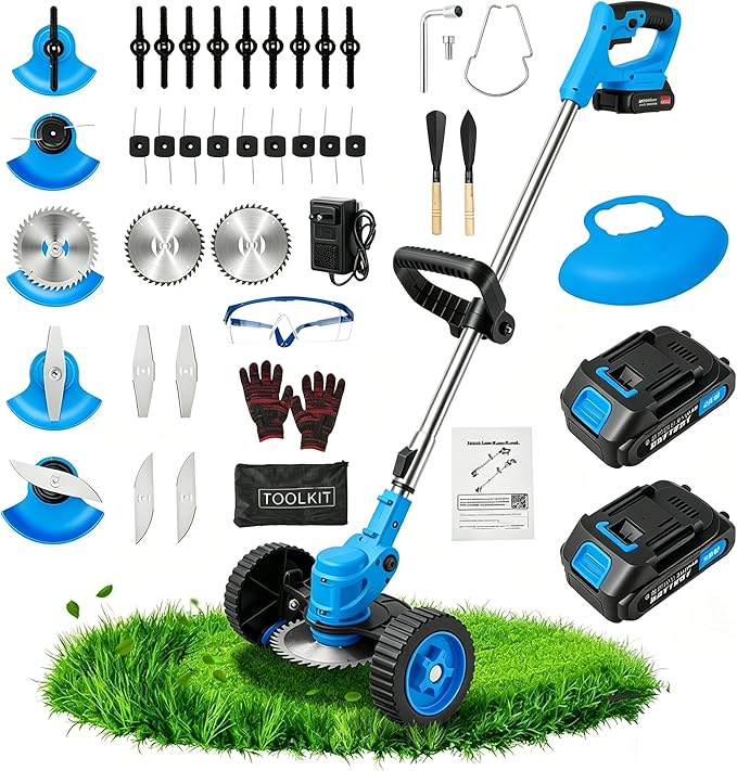 ALSO GO 24V Cordless Weed Wacker Lawn Edger, Electric Lightweight Battery Powered String Trimmer, 3-in-1 Brush Cutter Wire Brush & Guide Wheel for Garden Edging (2 Batteries, 2.0Ah, Blue)