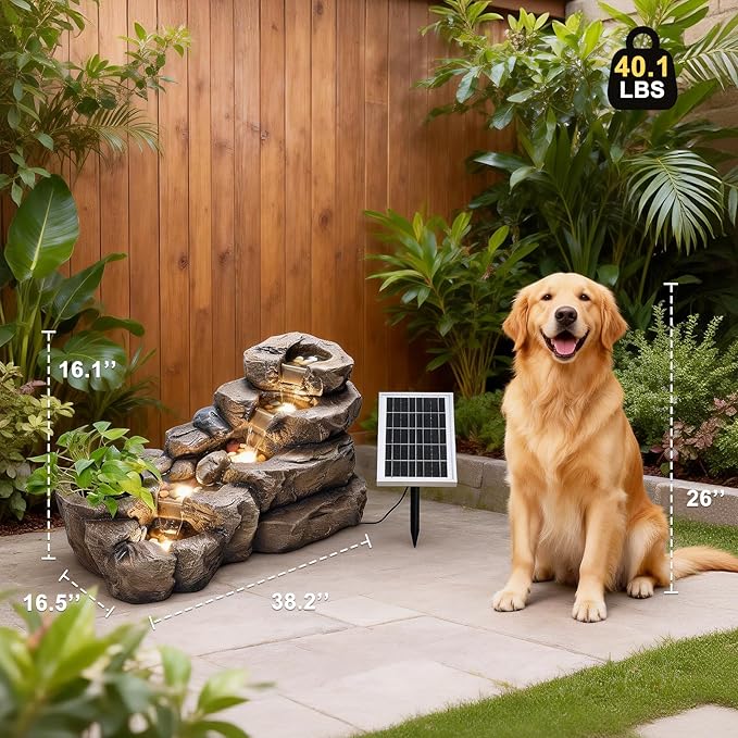 38.2" L Solar Water Fountain Outdoor Garden 5 Tiers Floor Standing Rock Natural Waterfall Outdoor Fountains with LED Lights and Planting Pot for Patio, Porch,Backyard,Home Art Decor