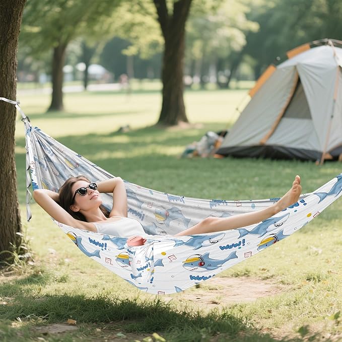Camping Hammock Outdoor Hammocks for Outside Blue Shark Cute Cartoon Beach Trees Portable Lightweight with Pockets Tree Straps Indoor