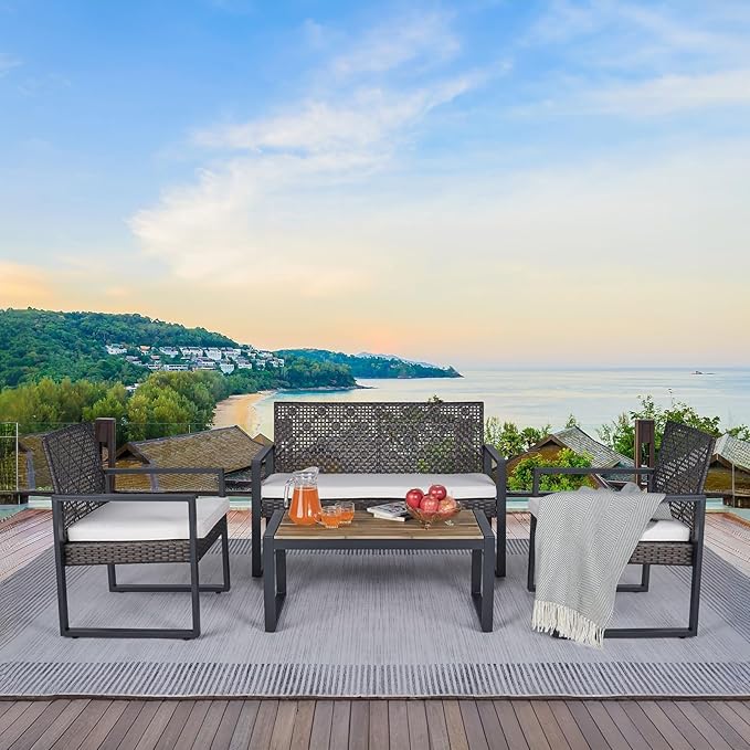 Outdoor Patio Furniture Set, 4 Piece Rattan Wicker Sectional with Loveseat Couch Sofa, Coffee Table and Chairs, Conversation Seating for Balcony, Porch, Deck, Backyard, Muebles de Exterior