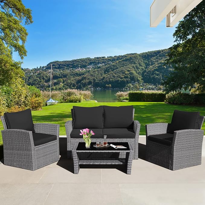 HAPPYGRILL 4 Pieces Conversation Set Outdoor Patio Rattan Furniture Set with Cushions and Coffee Table Sectional Wicker Sofa Set for Garden Porch Balcony Poolside