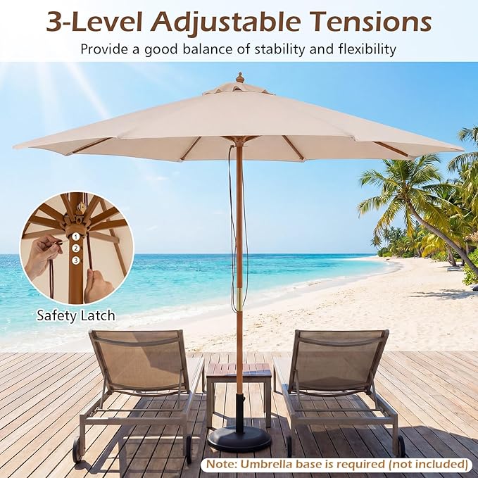 Tangkula 9 FT Patio Umbrella, Outdoor Table Market Umbrella with 8 Wooden Ribs, 3 Adjustable Heights, Rope Pulley System for Garden, Vented Top for Pool Backyard Deck Garden