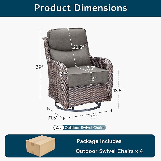 Luxury Outdoor Swivel Rocker Patio Chairs-4 Pieces High Back Swivel Rocker Patio Chairs with Thick Cushions All Weather Wicker Outdoor Furniture Set for Deck Porch Balcony(Brown/Grey)