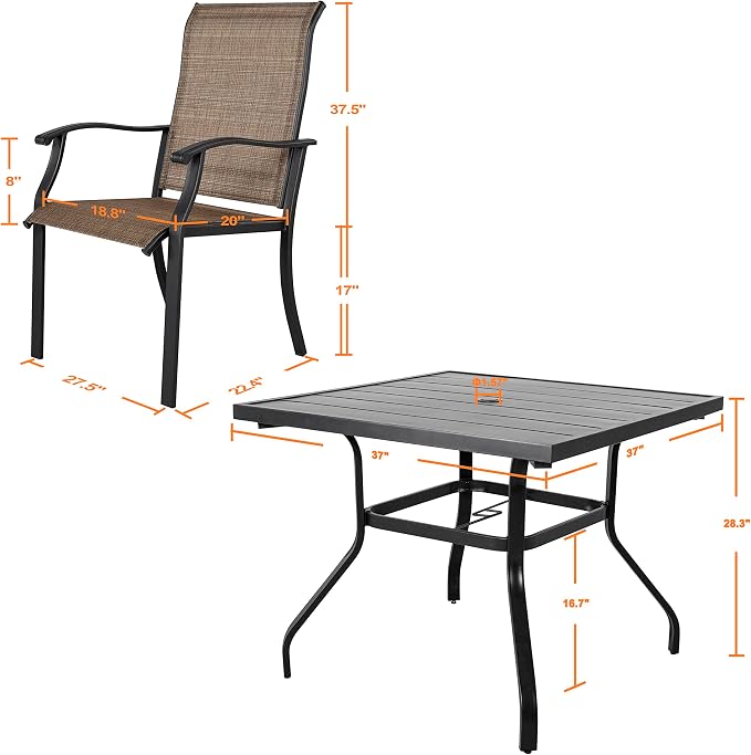 NUU GARDEN 5 Piece Outdoor Dining Set Patio Table and Chairs Set, 4 Textilene Dining Chairs and 1 Iron Patio Table with Umbrella Hole for Garden Patio Backyard, Black and Brown