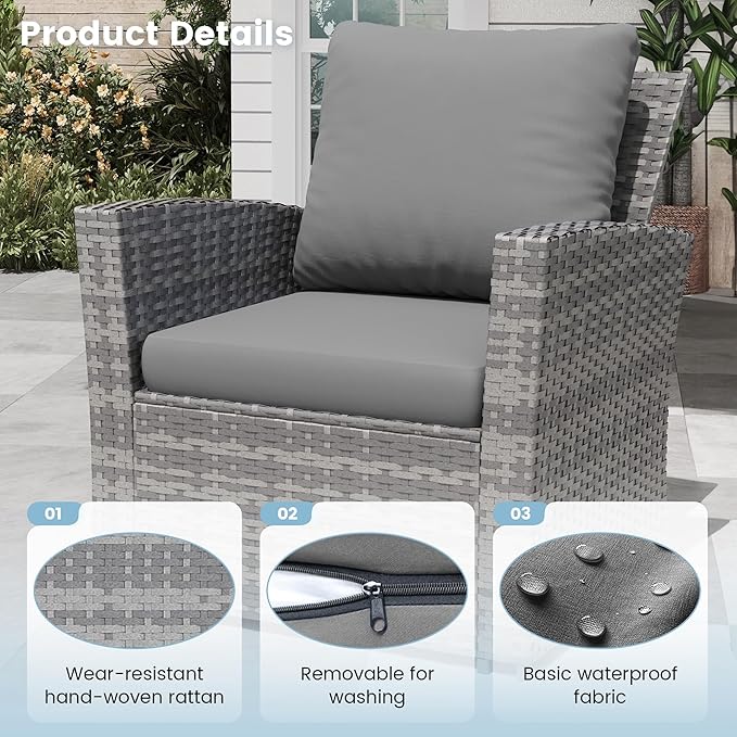 Amopatio 4 Piece Outdoor Wicker Patio Furniture Set, PE Rattan Sectional Sofa with Thick Cushions & Tempered Glass Table, Weather-Resistant Patio Conversation Sets for Balcony, Backyard, Grey