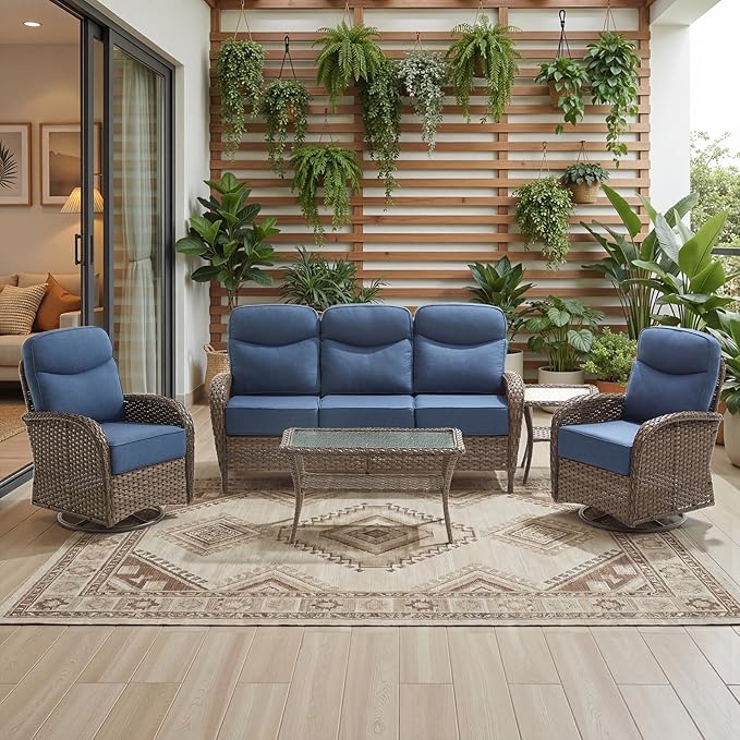 Luxury 6-Inch Cushion Patio Furniture Set, High Back Outdoor Swivel Rocker Patio Chairs with Outdoor Couch, Outdoor Wicker Conversation for Deck Porch Garden Balcony Poolside Blue Cushion