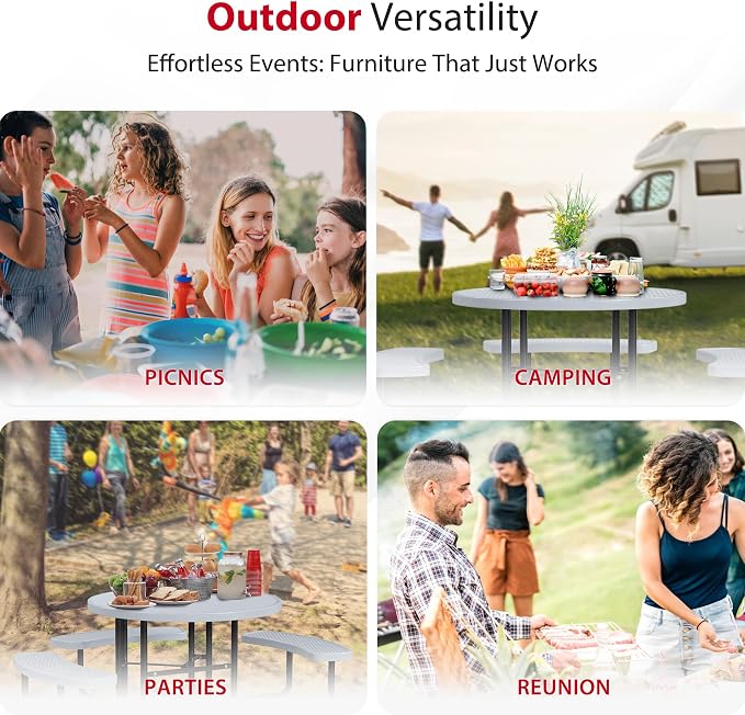 Leisure Craft Metal Picnic Table with Bench - 46" Round Outdoor Dining Table with Umbrella Hole, Heavy Duty Thermoplastic Coating, ADA Compliant, Commercial Grade Furniture Made in USA - Gray