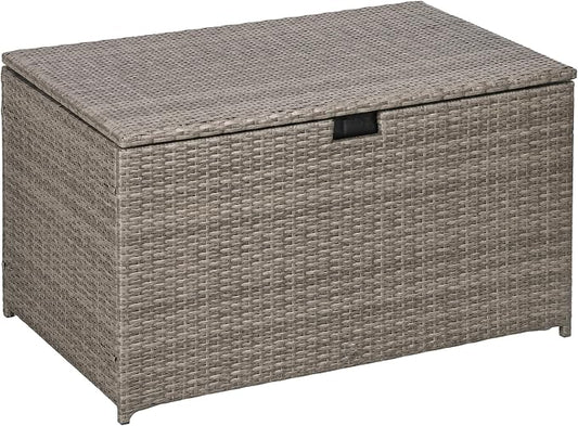113 Gallon Deck Box, Rattan Outdoor Storage Box, Waterproof Storage Container for Indoor, Patio Furniture Cushions, Pool Toys, Tools, Gray