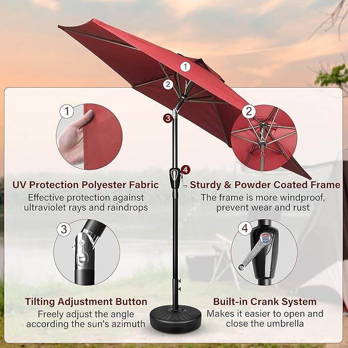 Simple Deluxe 9' Patio Umbrella Outdoor Table Market Yard Umbrella with Push Button Tilt/Crank, 8 Sturdy Ribs for Garden, Deck, Backyard, Pool, Red