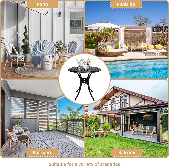 30.31" Patio Dining Table, All-Weather Cast Aluminum Table with 2.36" Umbrella Hole, Outdoor Dining Table for Backyard and Poolside