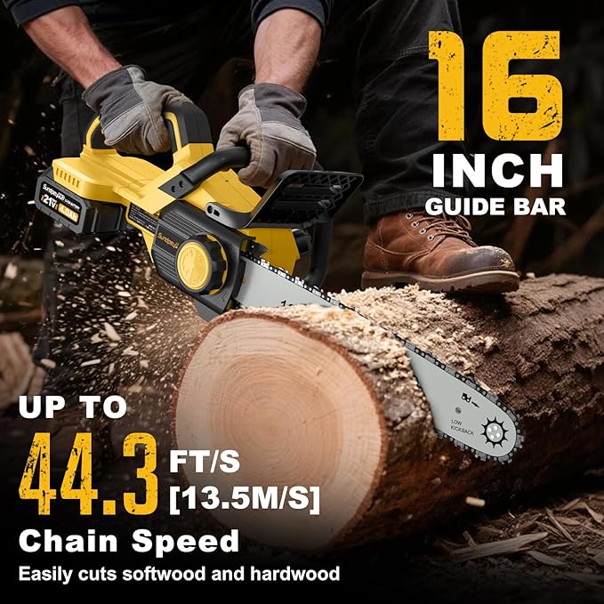 42V 16-Inch Cordless Chainsaw - Brushless Electric Chainsaw with 2 x 4.0Ah Batteries & Fast Charger & Safety Chain Brake & Tool-Free Tensioner for Tree Trimming & Wood Cutting & Yard Work