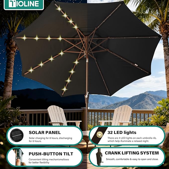 9FT Solar-Powered LED Patio Umbrella with Tilt Crank,Outdoor Market Umbrella with 32 Lights,Sunshade for Deck, Garden and Pool