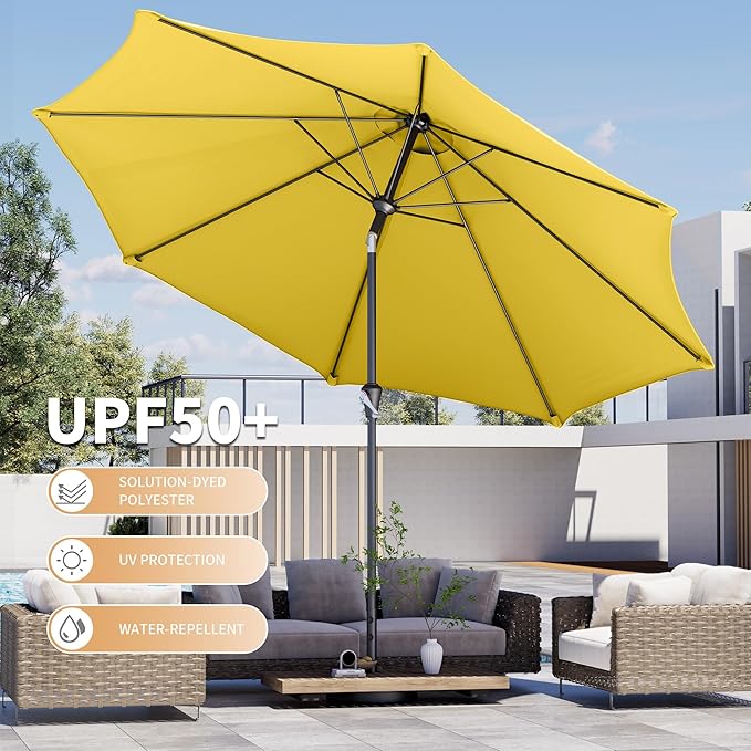 Kingdura 10FT Outdoor Patio Umbrella, Market Table Umbrella with Push Button Tilt and Crank, 8 Sturdy Fiberglass Ribs, UV Protection for Pool, Lawn, Deck, Backyard, Garden (Yellow)