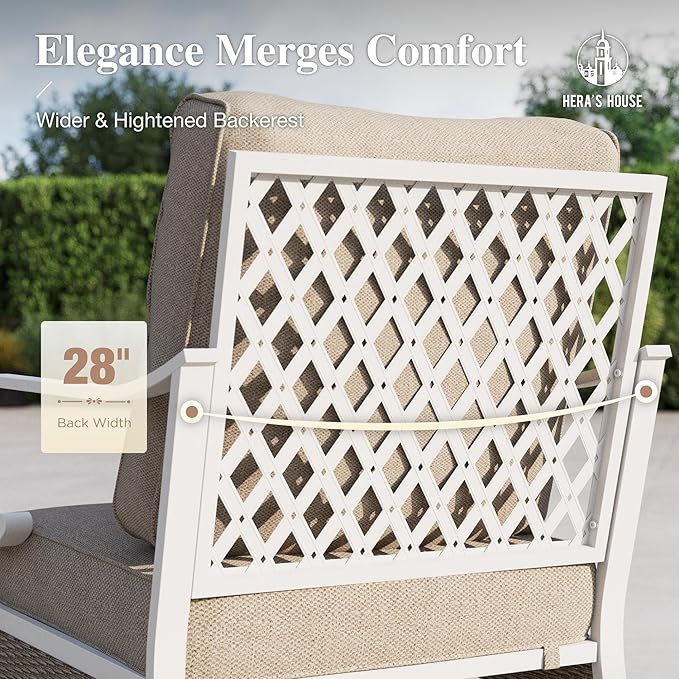 HERA'S HOUSE 5 Piece Metal Patio Furniture Set, 7 Seats All Weather Outdoor Conversation Set, 3 Seat Sofa with Loveseat, 2 Rocking Chairs, Coffee Table for Backyard, Garden, Deck, White/Beige