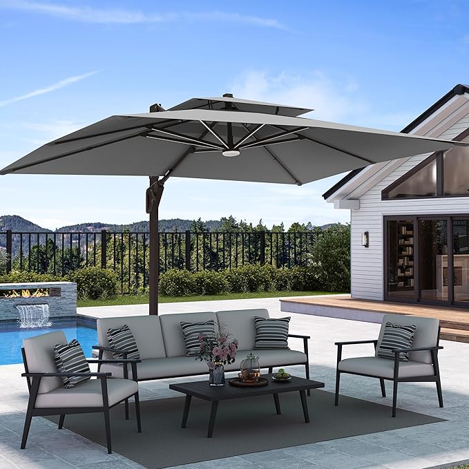 Deconk 9' X 12' Patio Umbrella with Weighted Base and LED Lights Outdoor Cantilever Large Rectangle Offset Umbrellas Heavy Duty Aluminum Double Top with 360-degree Rotation for Pool Garden Deck, Grey