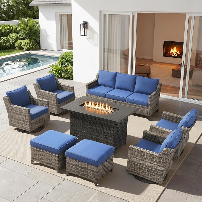Belord Patio Wicker Swivel Rocker Patio Chairs with 3-Seater Sofa and Propane Fire Pit Table, Outdoor Furniture Set for Deck Porch Poolside, 8 Piece Patio Conversation Furniture Set,Blue
