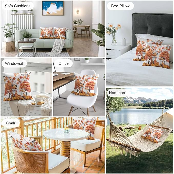 Orange Fox Outdoor Waterproof Pillow Covers, Thanksgiving Maple Leaves Autumn Trees Decorative Square Throw Pillowcase Sofa Cushion Sham for Patio/Couch/Chair, 18"x18" 2 Pack