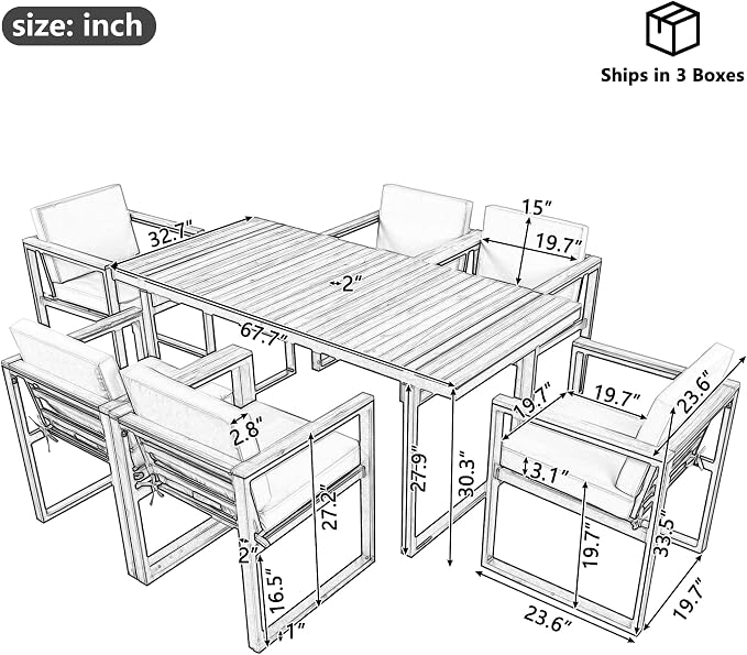 VilroCaz 7 Pieces Outdoor Dining Set, Acacia Wood and Steel Frame Patio Dining Table with Umbrella Hole and 6 Upholstered Chairs for Patio, Backyard, Garden (Beige-Umbr)