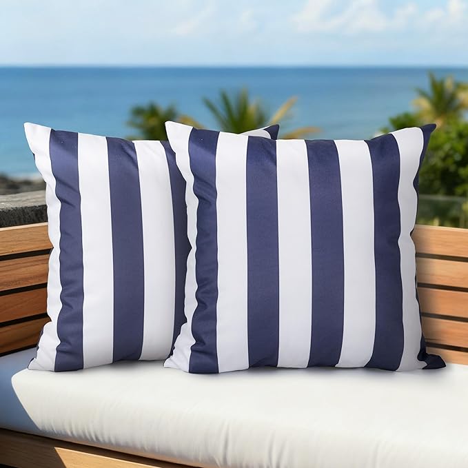 AELS Outdoor Pillow Covers 18x18 Inch, Waterproof Throw Pillow Covers Pack of 2, Water-Resistant Decorative Pillow Case for Patio Furniture Tent Garden, Nautical Navy Blue White Stripes, Cover ONLY