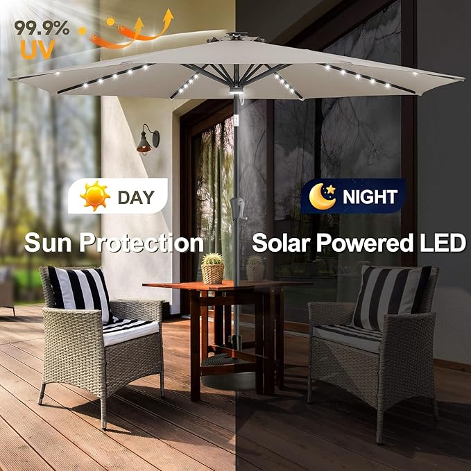 FLAME&SHADE 9 FT outdoor umbrella with 40LED lights, solar light patio umbrella with Centre Surround Light, Table Market Umbrella Outdoor Patiofor Deck, Pool, Backyard, Garden (Taupe)