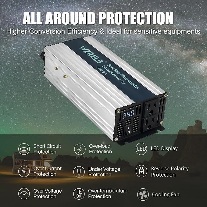 WZRELB 600W Pure Sine Wave Inverter 24V DC to 110V 120V AC Power Converter with LED Display, Remote Controller, Off-Grid Power Inverter 1200W Surge for Home, RV, Truck, Camping